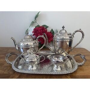 Victorian Style EP Brass Tea Coffee Service Set‎ Tray Canada Silver Plate Ornate